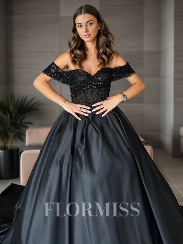 Ball-Gown Off-the-Shoulder Beading Chapel Train Satin Corset Dress