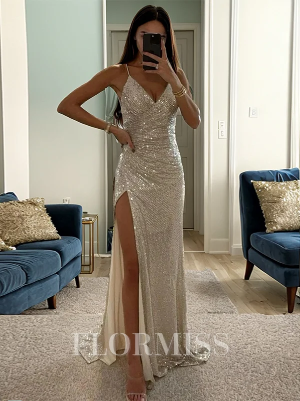 Sheath/Column V-neck Sweep Train Sequins Spaghetti Straps Dress