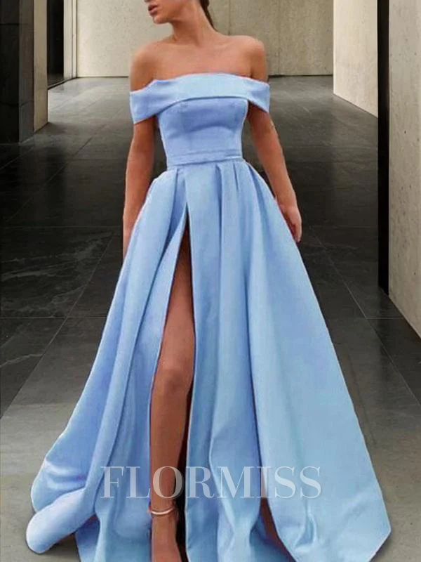 A-Line/Princess Off-the-Shoulder Sweep Train Satin Prom Dresses With Leg Slit