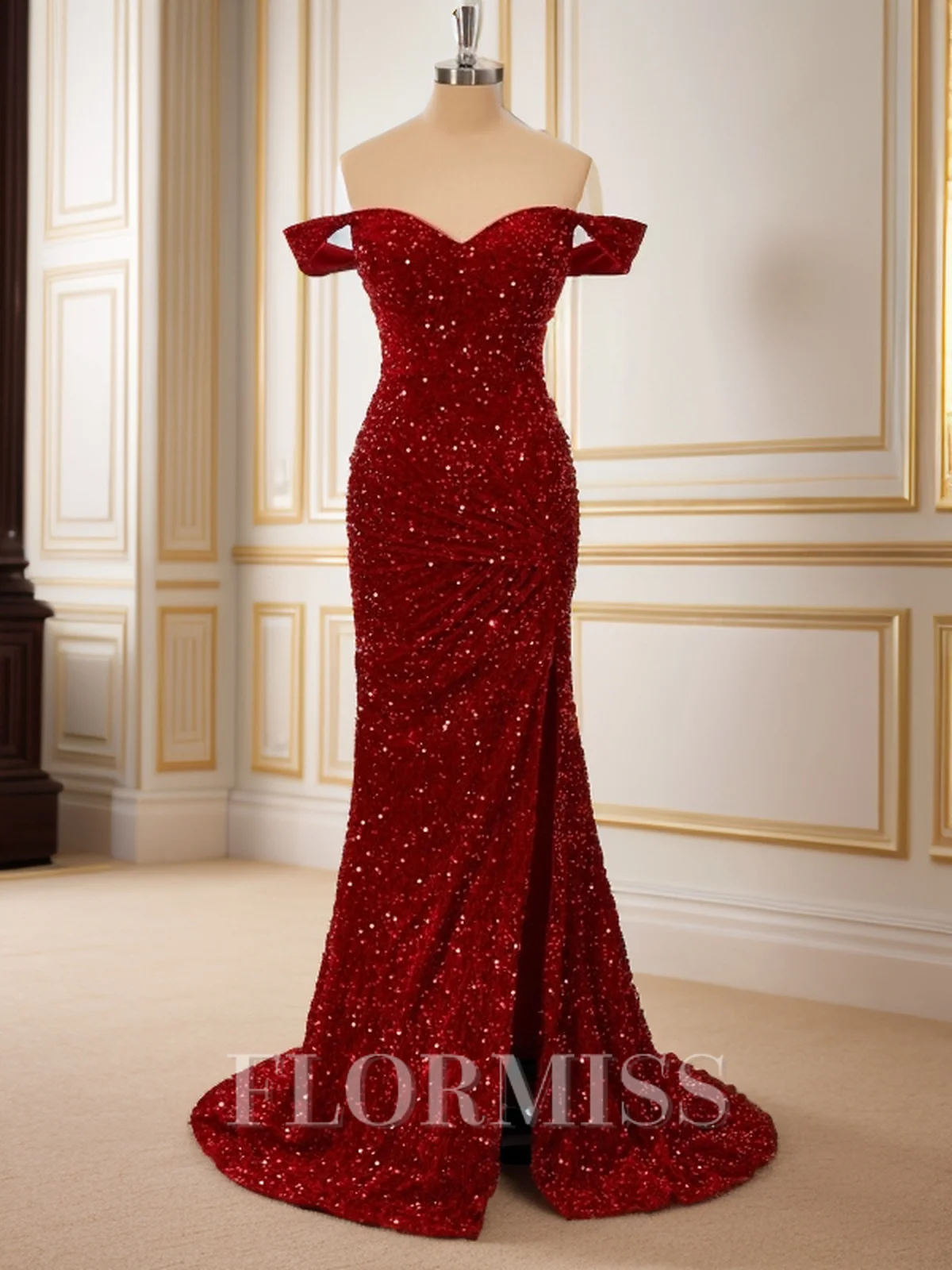 Sheath Velvet Sequins Off-the-Shoulder Pleated Sweep Train Dress