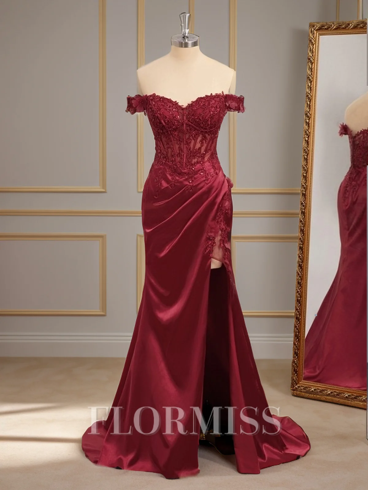 Sheath Silk Like Satin Off-the-Shoulder Appliques Lace Sweep Train Corset Dress