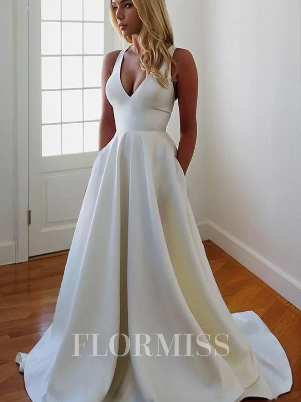 A-Line/Princess V-neck Sweep Train Stretch Crepe Wedding Dresses