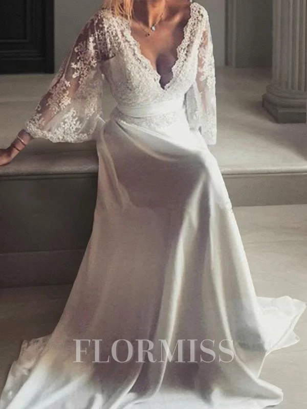 A-Line/Princess V-neck Court Train Lace Wedding Dresses With Belt/Sash