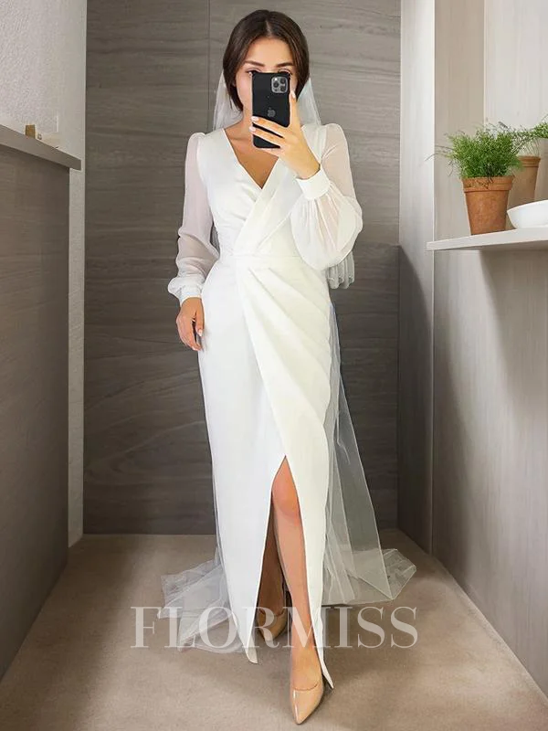 Sheath/Column V-neck Floor-Length Stretch Crepe Wedding Dresses