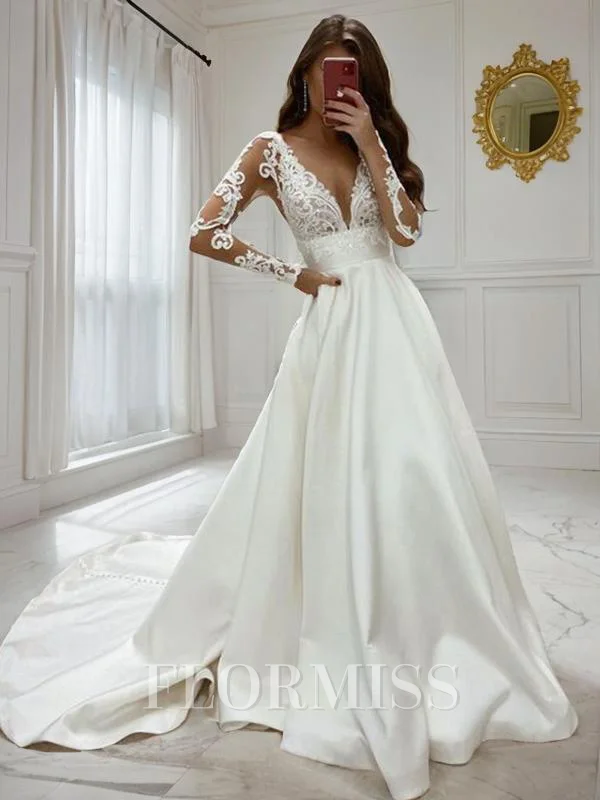 A-Line/Princess V-neck Court Train Satin Wedding Dresses