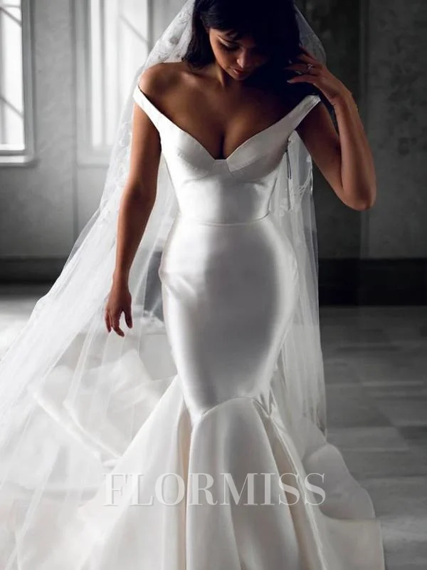 Trumpet/Mermaid Off-the-Shoulder Sweep Train Satin Wedding Dresses