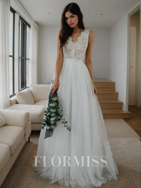 A-Line/Princess V-neck Floor-Length Tulle Wedding Dresses