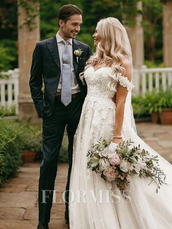 A-Line/Princess Off-the-Shoulder Sweep Train Tulle Wedding Dresses With Appliques Lace