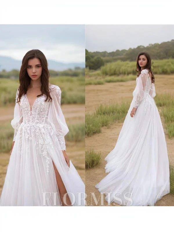 A-Line/Princess V-neck Sweep Train Lace Wedding Dresses With Leg Slit