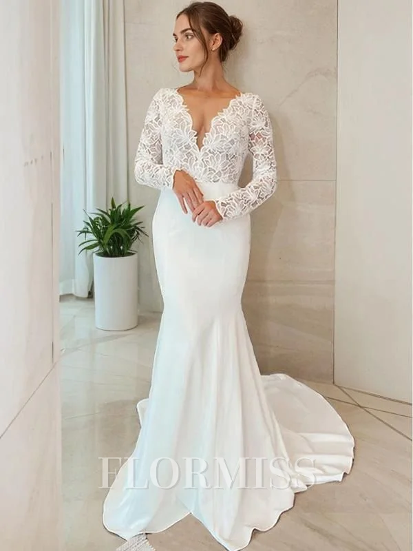 Sheath/Column V-neck Sweep Train Stretch Crepe Wedding Dresses