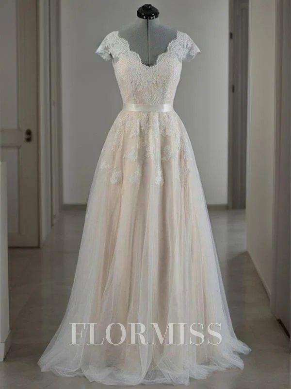 A-Line/Princess V-neck Floor-Length Lace Wedding Dresses With Appliques Lace