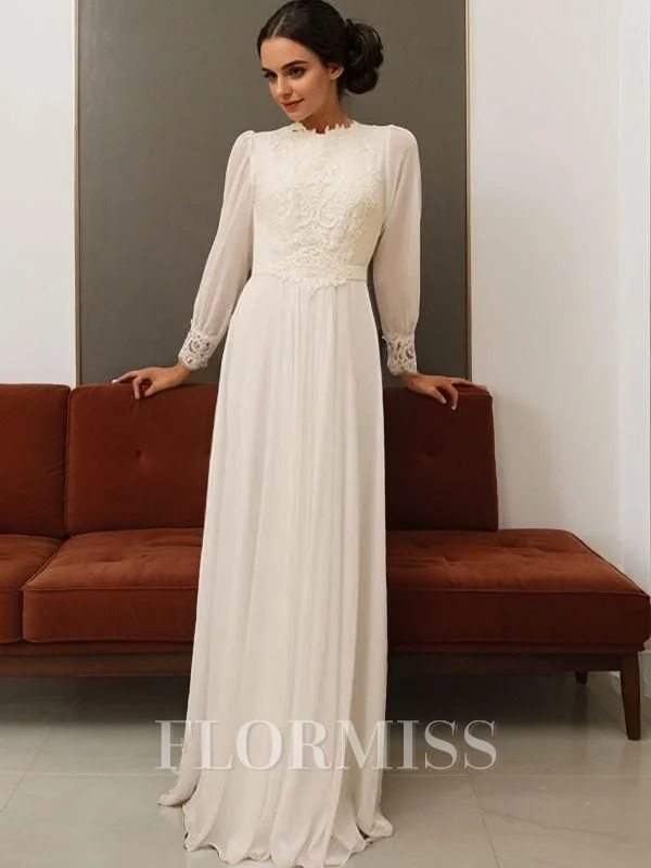 A-Line/Princess Jewel Floor-Length Chiffon Wedding Dresses
