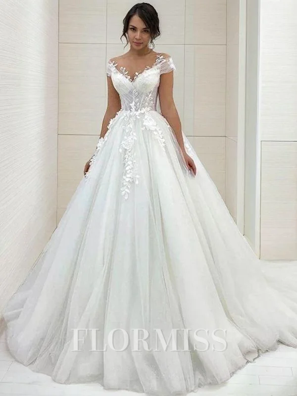 A-Line/Princess Scoop Sweep Train Tulle Wedding Dresses