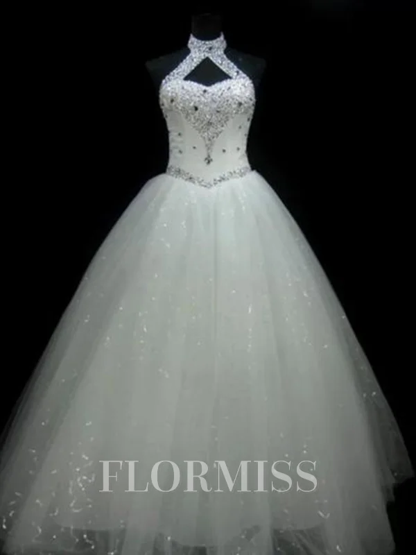 Ball Gown Halter Floor-Length Tulle Wedding Dresses With Beading