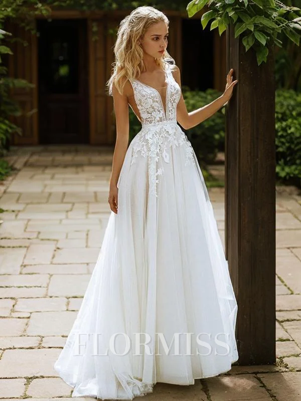 A-Line/Princess V-neck Sweep Train Tulle Wedding Dresses