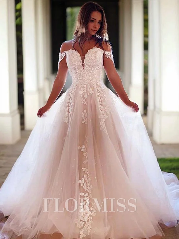 A-Line/Princess Off-the-Shoulder Chapel Train Tulle Wedding Dresses