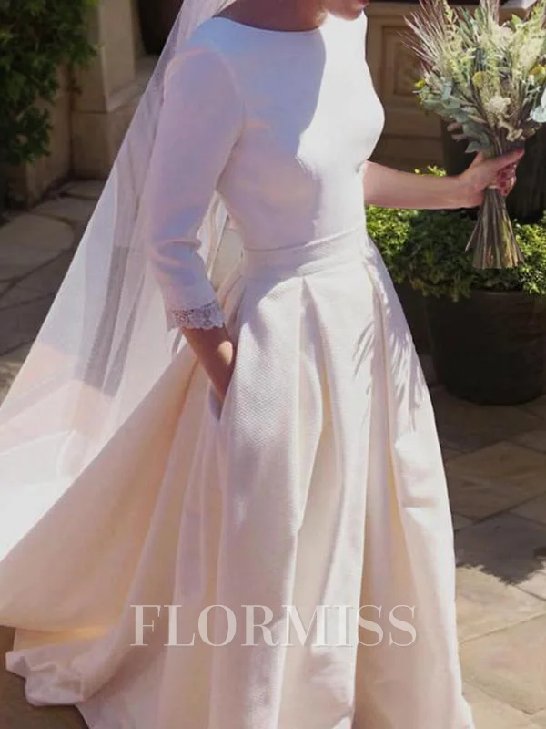 A-Line/Princess Scoop Sweep Train Stretch Crepe Wedding Dresses With Ruffles