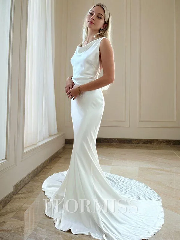 Sheath/Column Scoop Court Train Silk like Satin Wedding Dresses