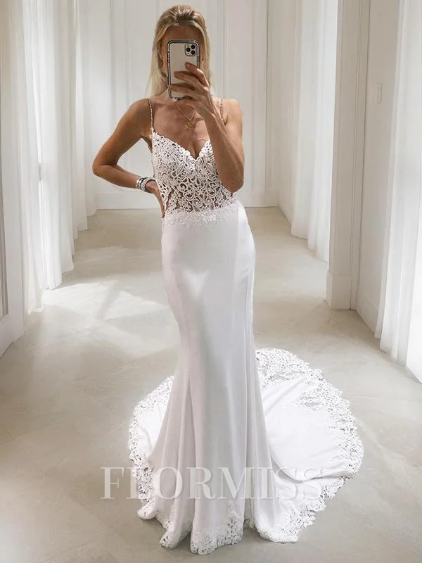 Trumpet/Mermaid V-neck Court Train Stretch Crepe Wedding Dresses With Appliques Lace