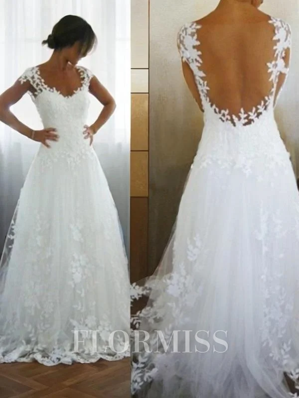 A-Line/Princess V-neck Sweep Train Tulle Wedding Dresses With Appliques Lace