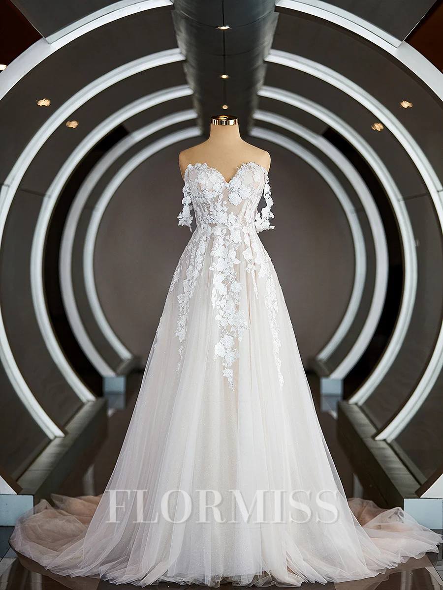 A-Line/Princess Off-the-Shoulder Chapel Train Tulle Wedding Dresses with Appliques Lace