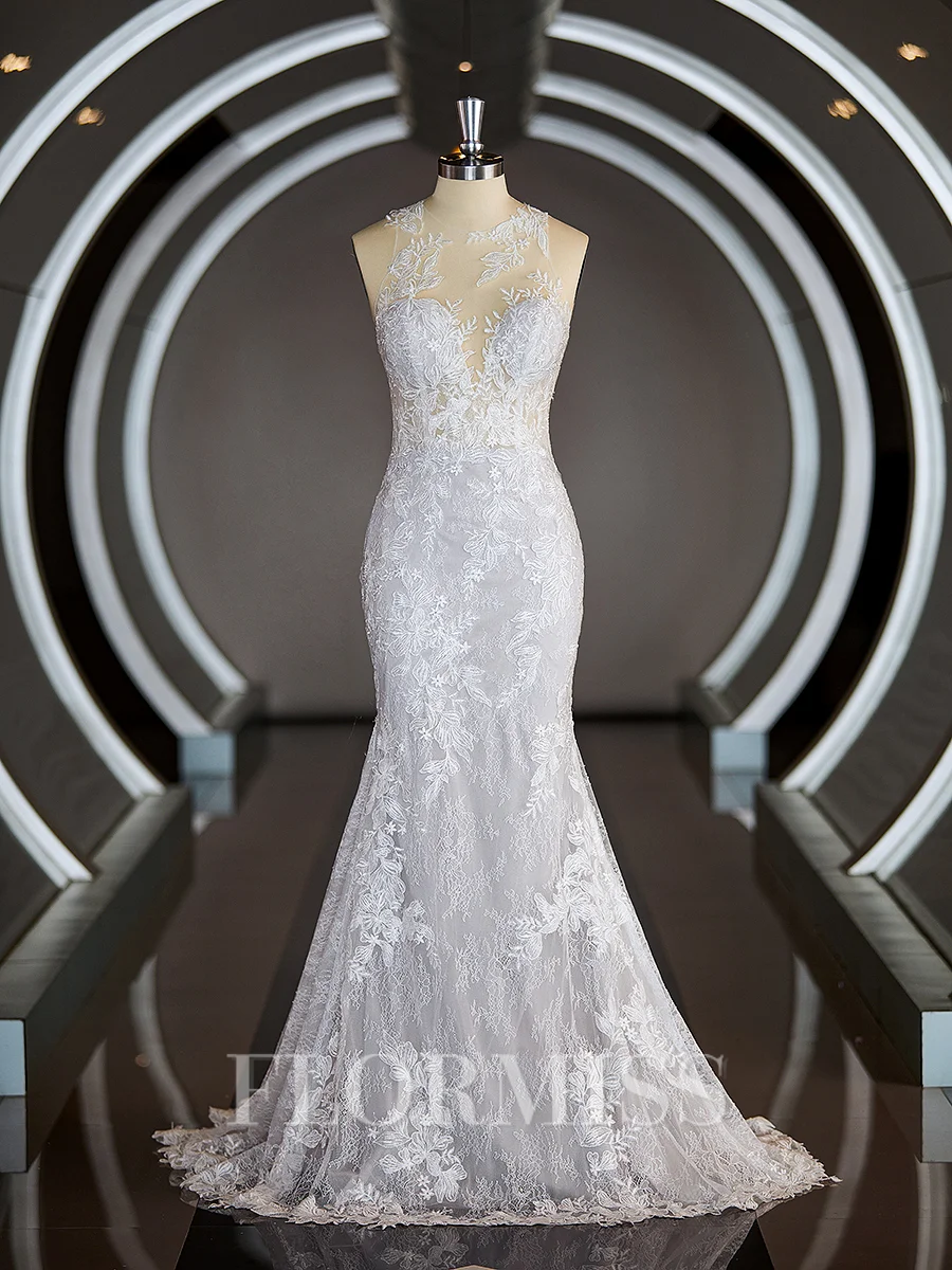 Sheath/Column Scoop Court Train Lace Wedding Dresses with Appliques Lace