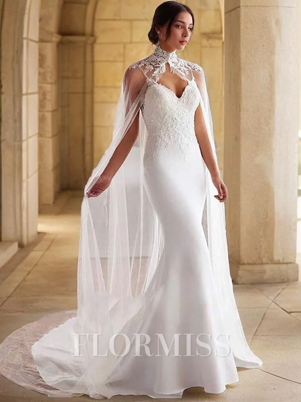 Trumpet/Mermaid Sweetheart Sweep Train Stretch Crepe Wedding Dress with Appliques Lace
