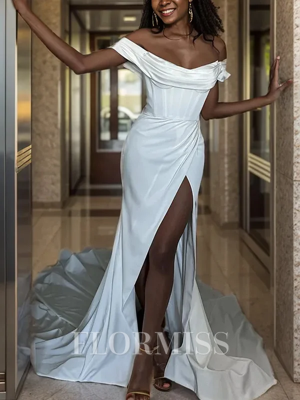 Sheath Off-the-Shoulder Pleated Cathedral Train Corset Wedding Dress