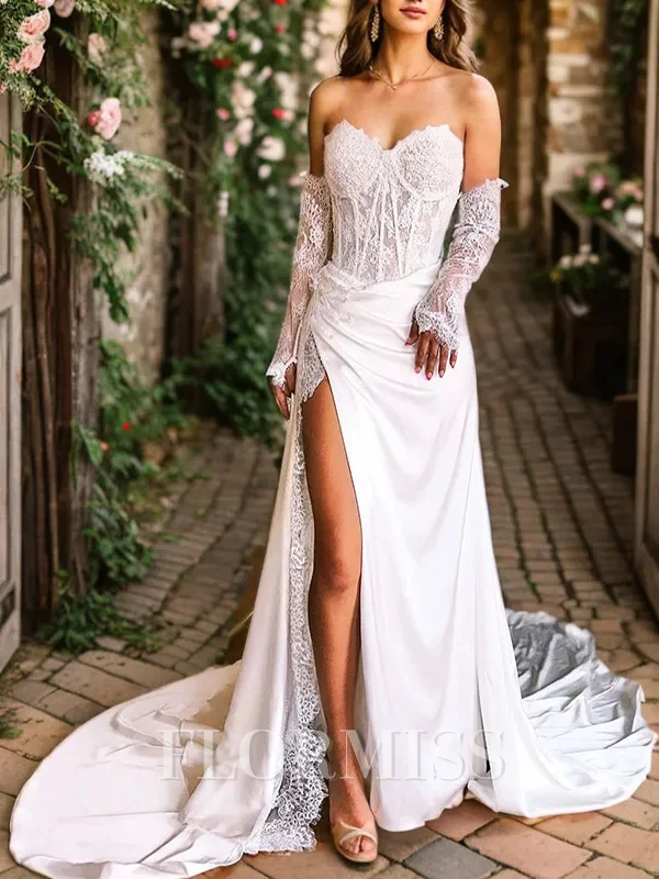 Sheath Sweetheart Long Sleeves Appliques Lace Chapel Train Corset Wedding Dress