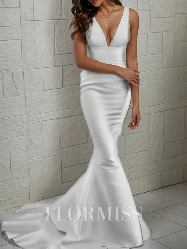 Sheath V-neck Court Train Stretch Crepe Wedding Dress