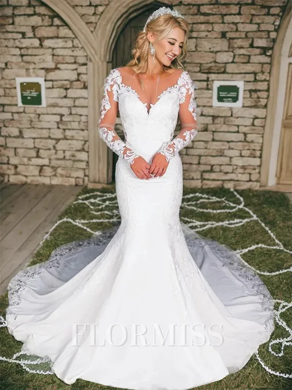 Mermaid Scoop Long Sleeves Appliques Lace Cathedral Train Stretch Crepe Wedding Dress