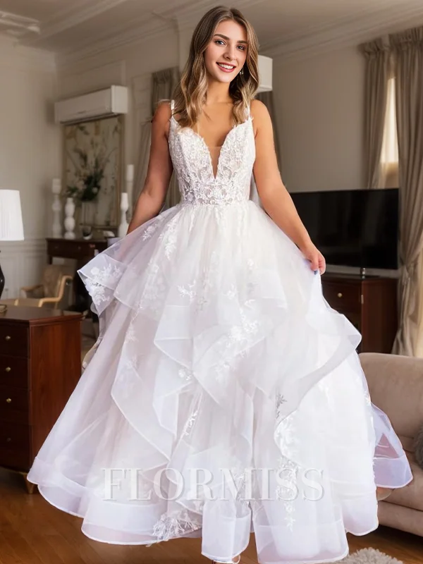 A-line V-neck Appliques Lace Floor-Length Tulle Wedding Dress