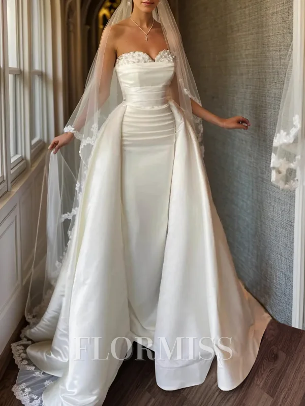 Sheath Sweetheart Beading Floor-Length Satin Convertible Wedding Dress