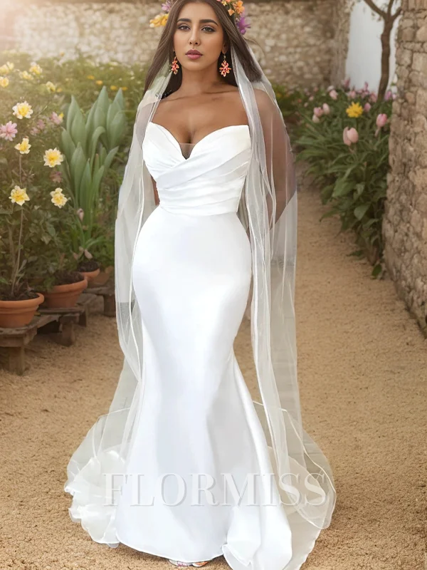 Sheath Sweetheart Pleated Sweep Train Satin Wedding Dress