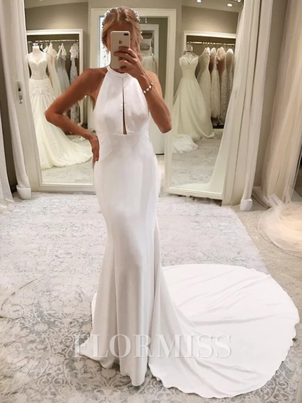 Sheath Halter Cathedral Train Stretch Crepe Wedding Dress