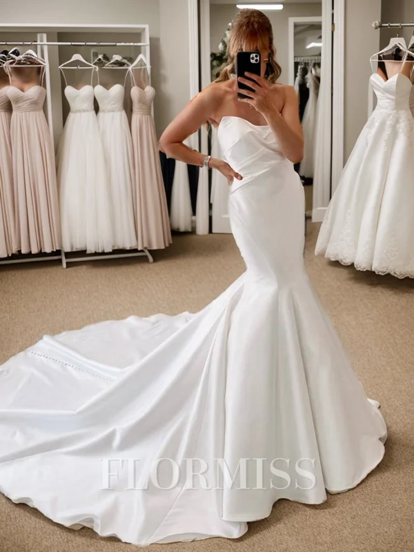 Mermaid Straight Pleated Chapel Train Satin Wedding Dress