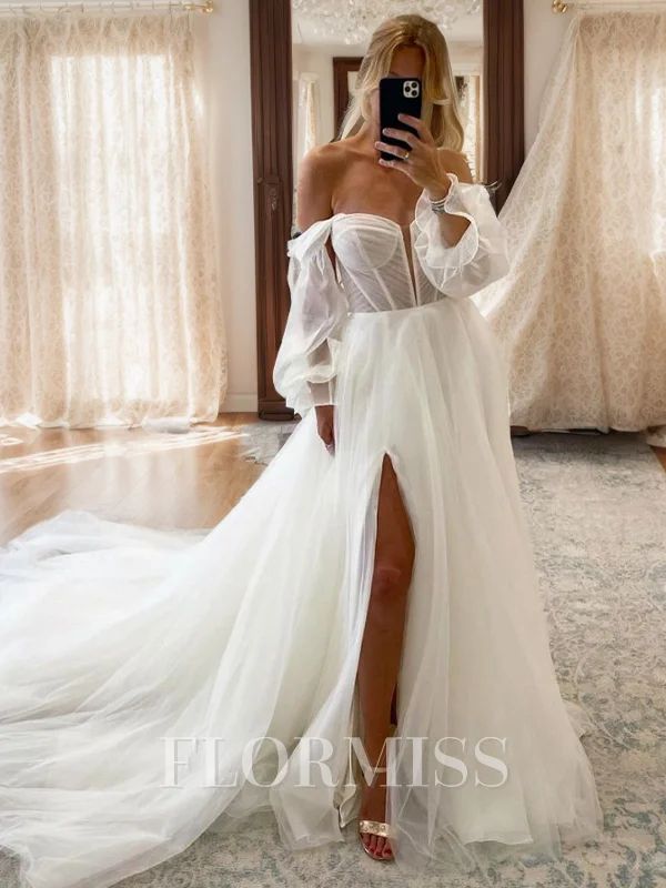 A-line Sweetheart Long Sleeves Chapel Train Tulle Corset Convertible Wedding Dress