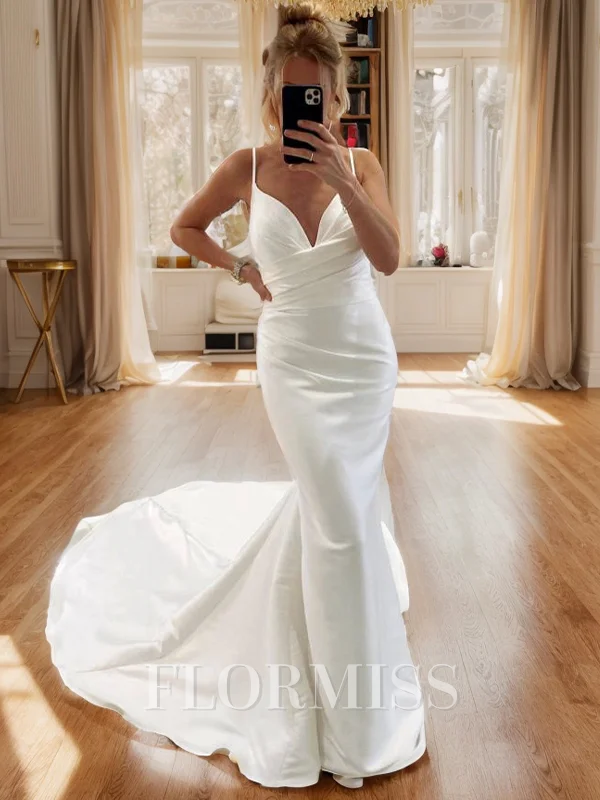Sheath V-neck Pleated Chapel Train Satin Wedding Dress