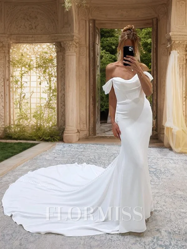 Sheath Off-the-Shoulder Pleated Cathedral Train Charmeuse Wedding Dress