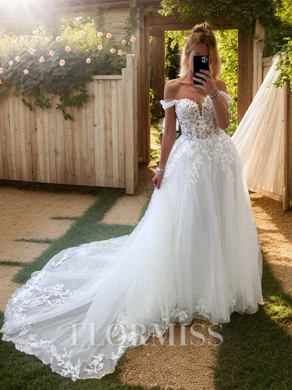 A-line Off-the-Shoulder Appliques Lace Chapel Train Tulle Wedding Dress