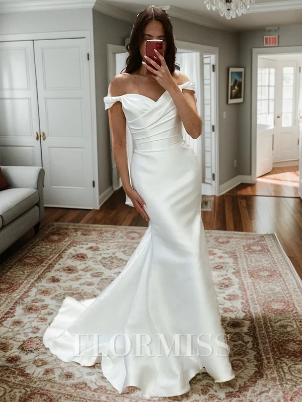 Sheath Off-the-Shoulder Pleated Court Train Satin Wedding Dress