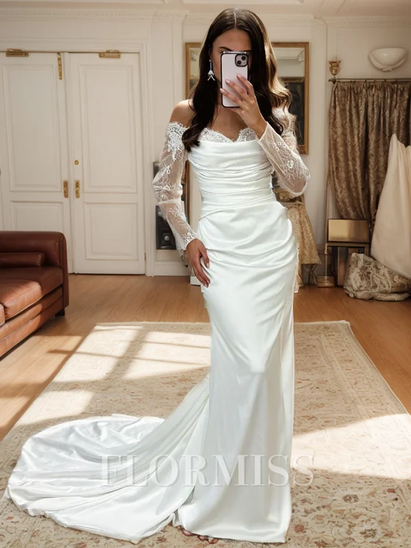 Sheath Off-the-Shoulder Long Sleeves Appliques Lace Court Train Wedding Dress