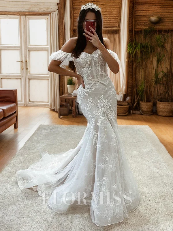 Mermaid Off-the-Shoulder Appliques Lace Court Train Tulle Corset Wedding Dress