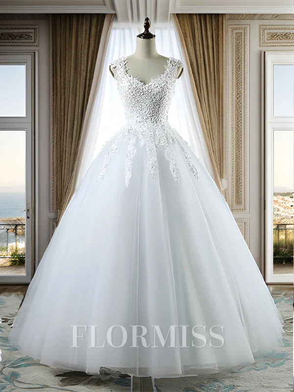 Ball Gown V-neck Sleeveless Sweetheart Floor-Length Applique Tulle Wedding Dresses