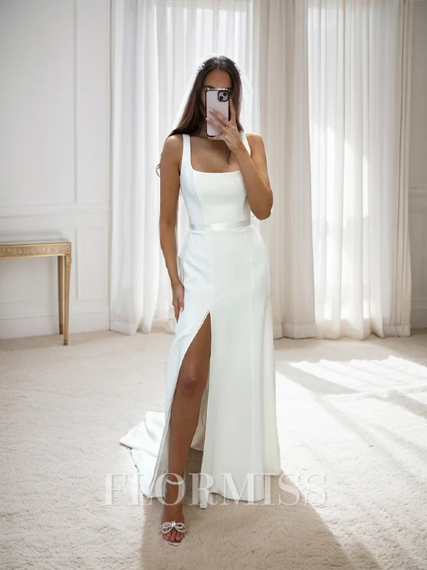 Sheath Square Sweep Train Stretch Crepe Wedding Dress
