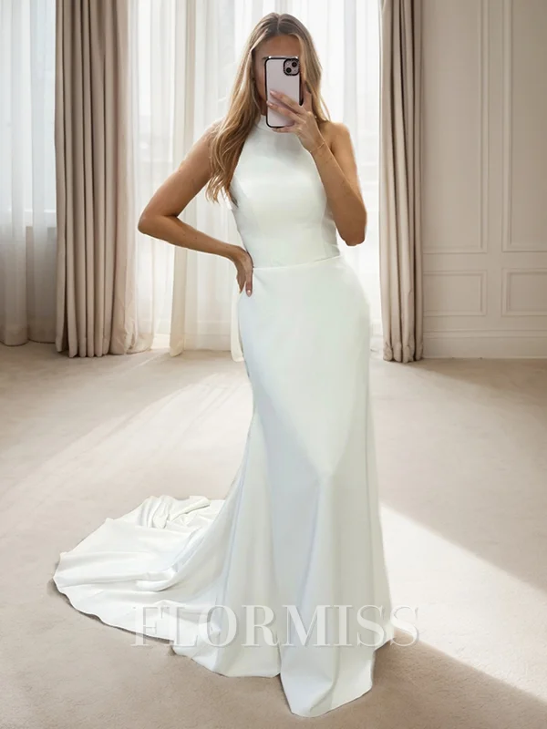 Sheath Halter Court Train Stretch Crepe Wedding Dress