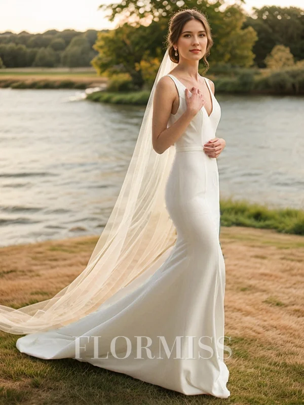 Sheath V-neck Court Train Stretch Crepe Wedding Dress