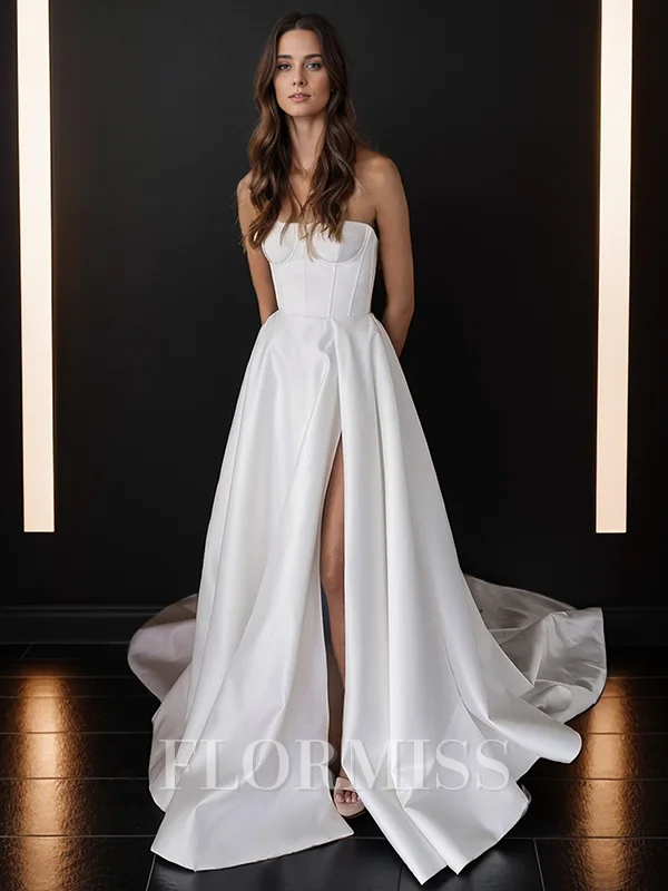 A-line Straight Chapel Train Satin Corset Wedding Dress