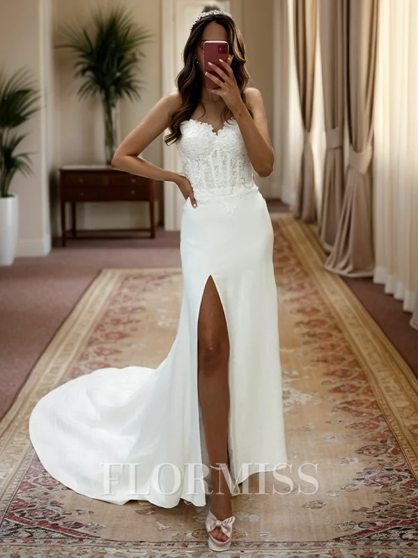 Sheath Sweetheart Appliques Lace Court Train Stretch Crepe Corset Wedding Dress