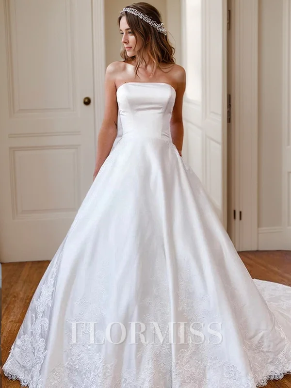 A-line Straight Appliques Lace Cathedral Train Satin Wedding Dress